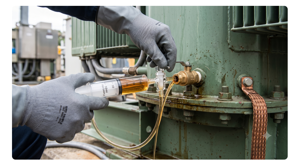 Close-up of a technician using a hermetically sealed glass syringe to draw a transformer oil sample via the bottom drain valve.