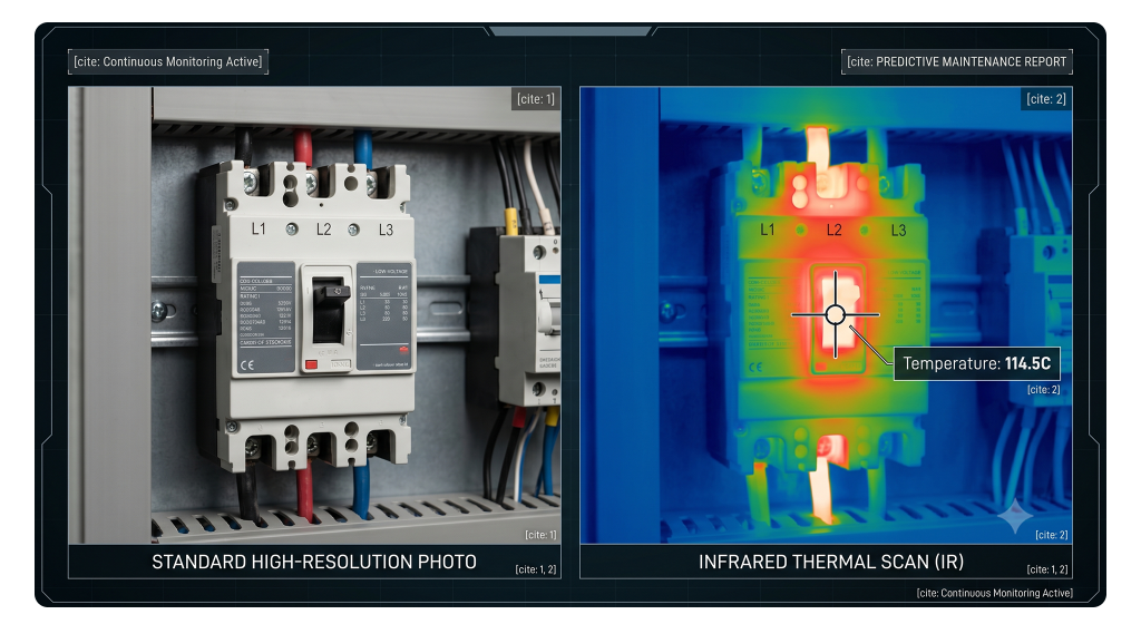 Side-by-side standard photograph and infrared thermal scan highlighting an extreme localized hotspot on a circuit breaker terminal.