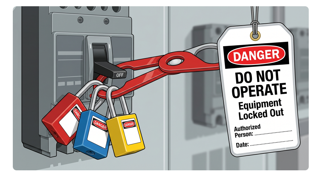 Illustration of a compliant Lockout/Tagout hasp with multiple padlocks and a clear danger tag on an industrial circuit breaker.