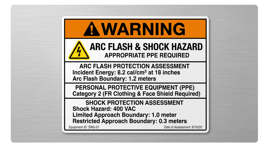 Standard Arc Flash Warning label showing calculated incident energy, boundary distances, and required PPE category.