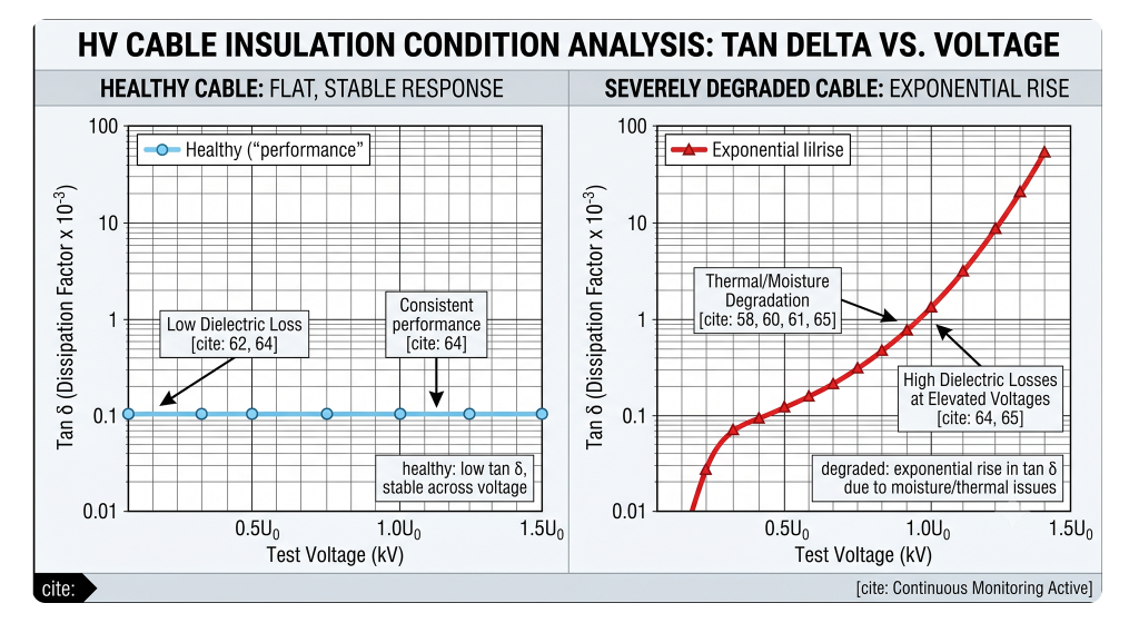 Tan Delta test graph contrasting a healthy cable insulation curve with a degraded cable curve showing high dielectric loss.
