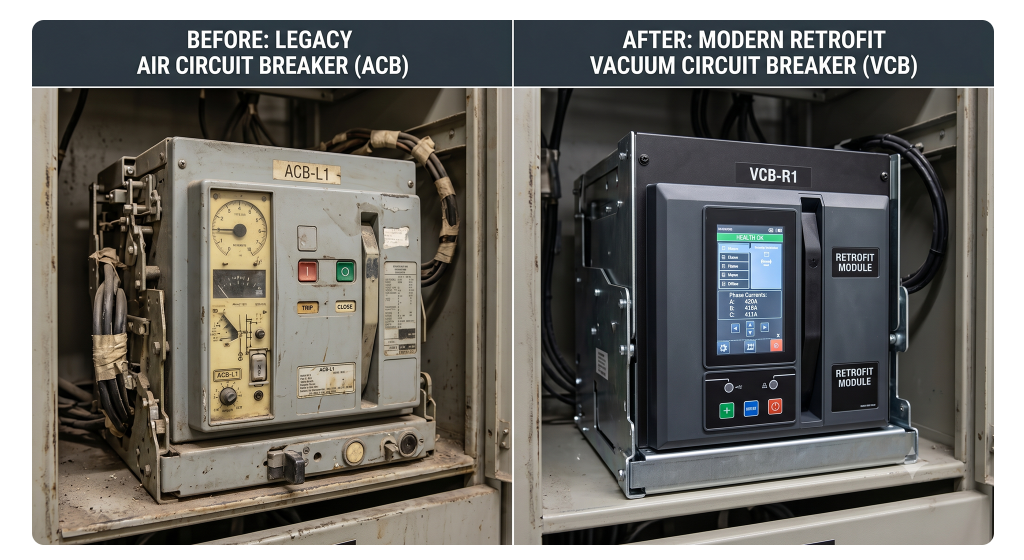 Side-by-side comparison of an obsolete legacy air circuit breaker and a modern digitalized retrofit breaker installed in the same switchgear cabinet.