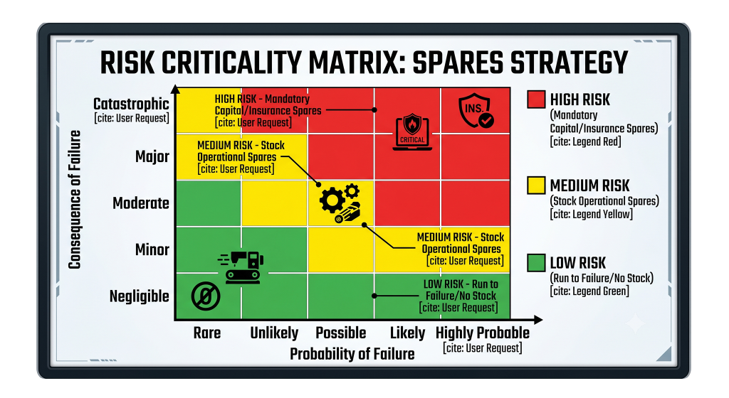 Criticality matrix chart plotting probability of failure against consequence of failure to determine optimal electrical spare parts stocking levels.