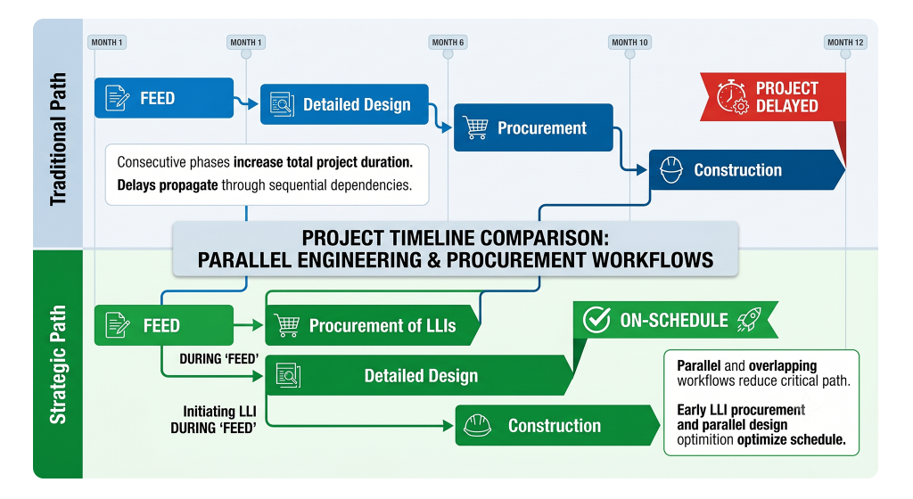 Infographic comparing traditional linear procurement with FEED stage procurement for long-lead electrical items.
