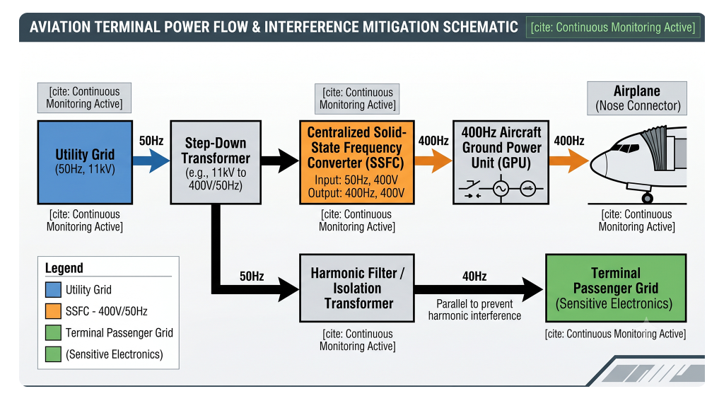 Block diagram illustrating power conversion from 50Hz utility grid to 400Hz ground power units for aircraft at Abu Dhabi airport.