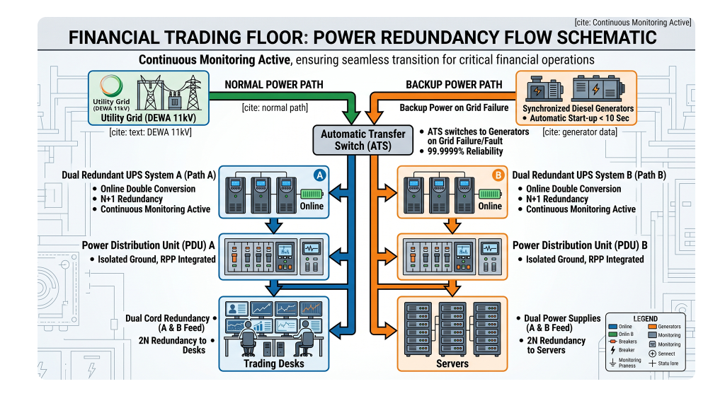Power redundancy flow diagram (Grid to UPS to PDU) showing financial center backup power architecture for DIFC trading floors.