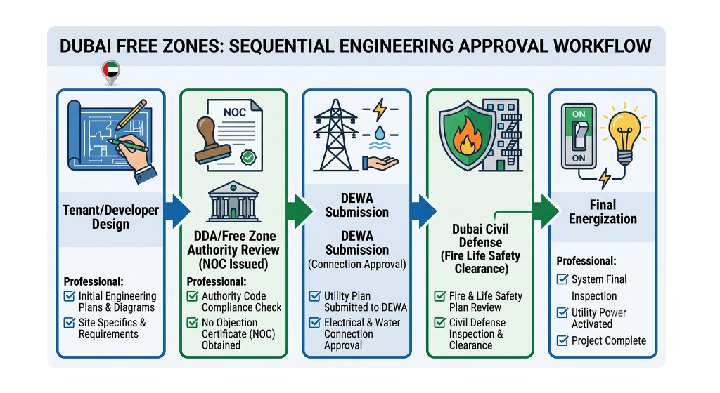 Flowchart illustrating the sequential electrical approval workflow from DDA NOC submission to final DEWA connection in Dubai Free Zones.