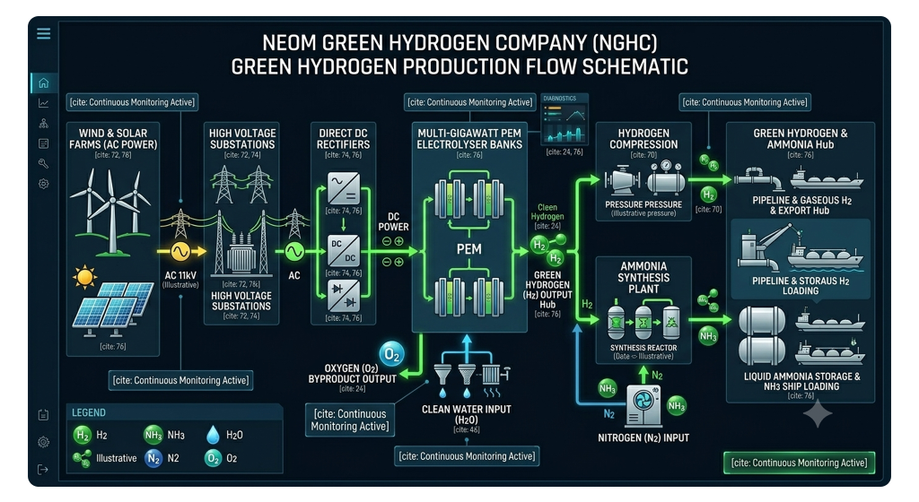 Block diagram showing the electrical power path from renewable solar and wind generation to massive DC rectifiers and green hydrogen electrolyser banks at NEOM.