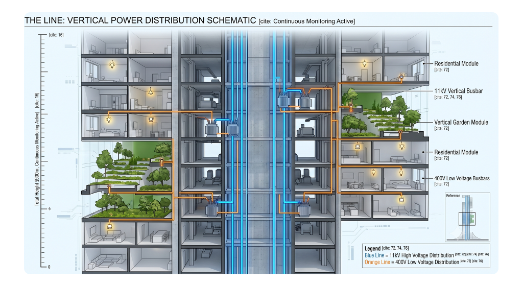 Cross-sectional engineering diagram illustrating vertical medium-voltage busbar routing and high-altitude step-down transformers inside The Line at NEOM.