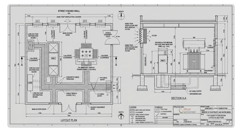 Detailed 2D engineering floor plan of a Kuwait MEW-compliant 11kV indoor substation room showing equipment placements and mandatory safety clearances.