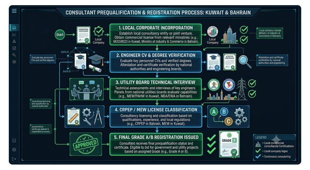 Flowchart illustrating the step-by-step prequalification and licensing registration workflow for MEP consultants with Kuwait's MEW and Bahrain's CRPEP.