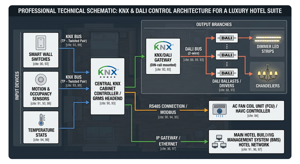 KNX and DALI lighting and HVAC integration schematic showing smart hotel room control topology.