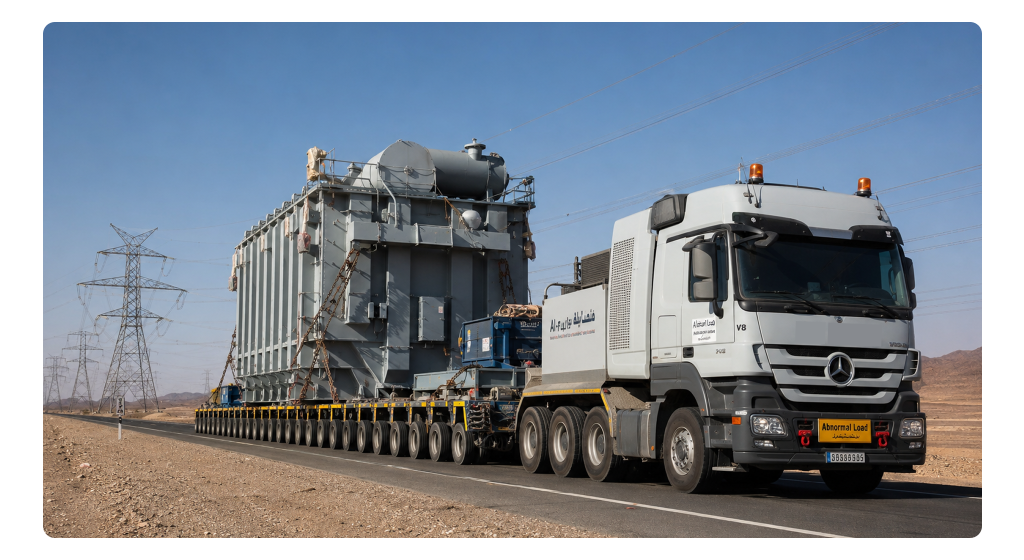 Heavy-lift transport vehicle carrying a massive custom utility power transformer across a GCC desert highway.