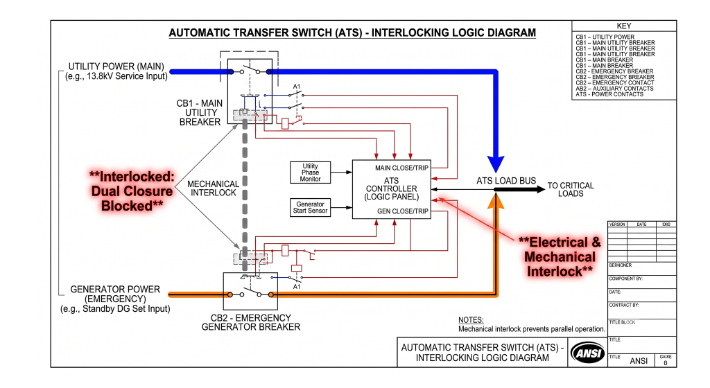 Electrical control schematic of an ATS interlocking logic preventing simultaneous closure of utility and generator breakers.