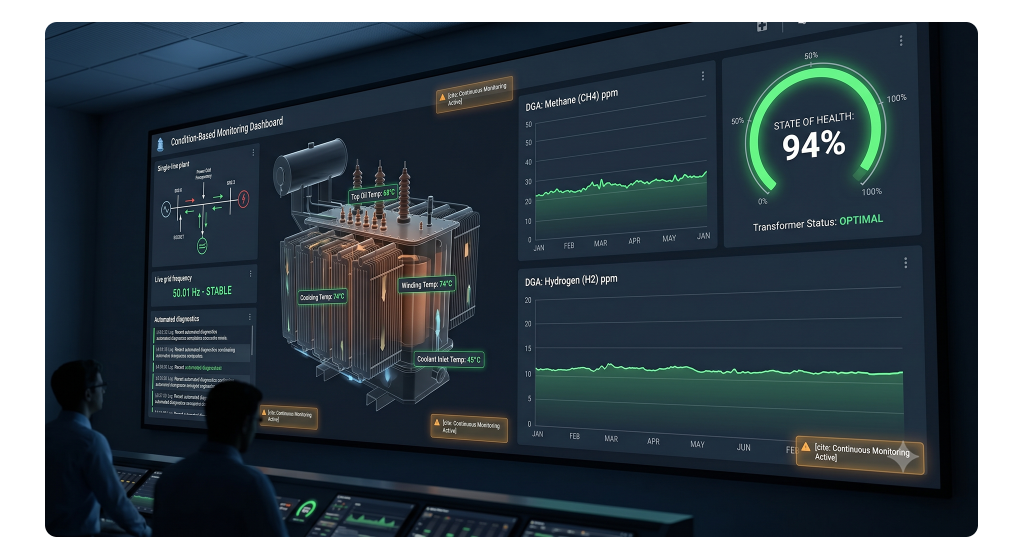 Condition-based electrical monitoring dashboard displaying real-time transformer oil gas levels, temperatures, and equipment health scores.