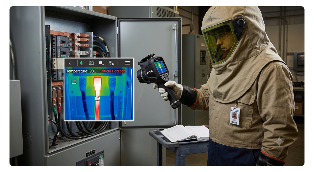 Infrared thermographic scan identifying a critical localized hot spot on a low-voltage switchboard termination.